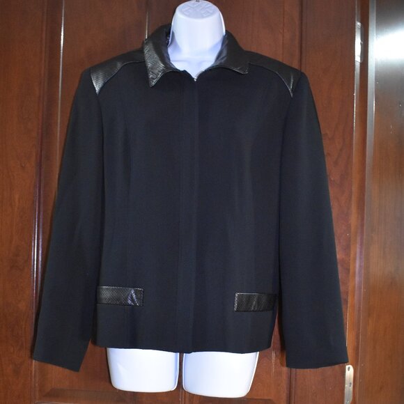 Women’s Black Blazer Jacket Size Large Faux Leather Trim Full Zip Chic Office - Picture 6 of 15